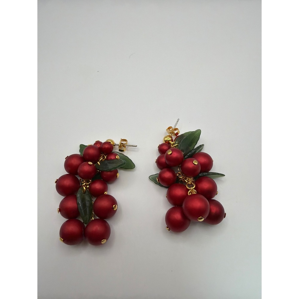 Avon Dangle Holly Berry‎ Earrings Gold Tone Red Green Leaf Dangle Drop Statement